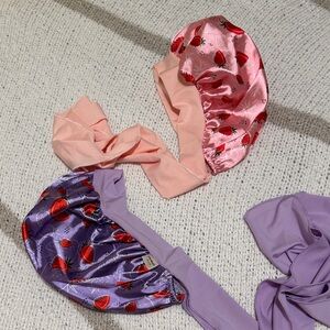 Kids Satin Strawberry Print Hair Bonnet - Pink & Purple